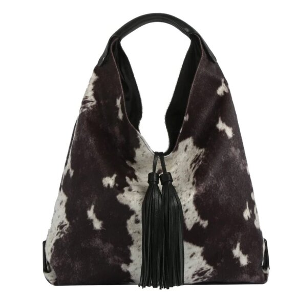 NWT Black Faux Suede Cow Print Hobo Tote Bag With Tassels - Picture 1 of 4